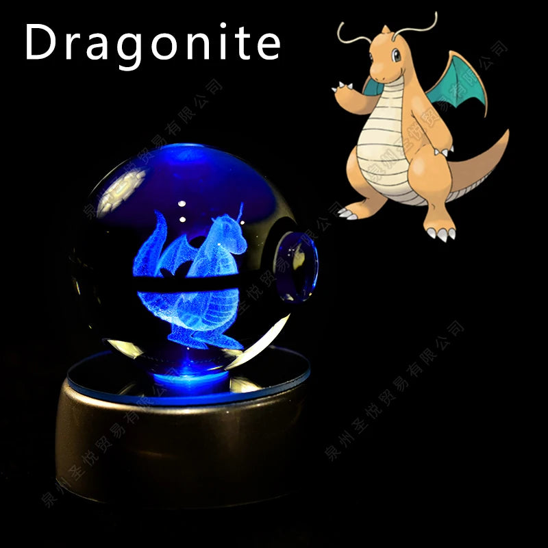 Luminária Pokebola 3D em Cristal – Bola de Vidro LED Premium com Base