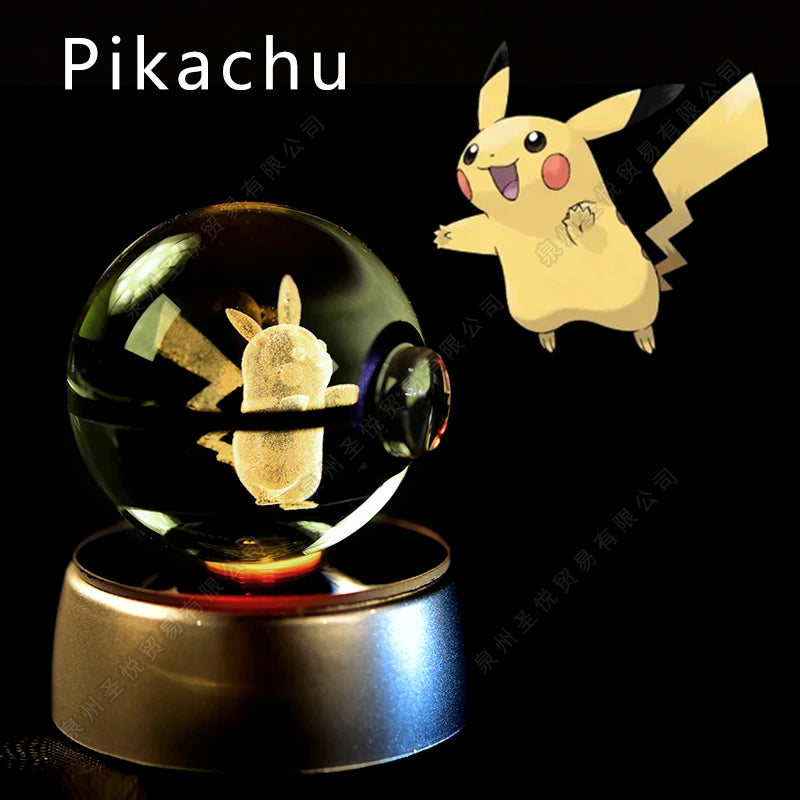 Luminária Pokebola 3D em Cristal – Bola de Vidro LED Premium com Base