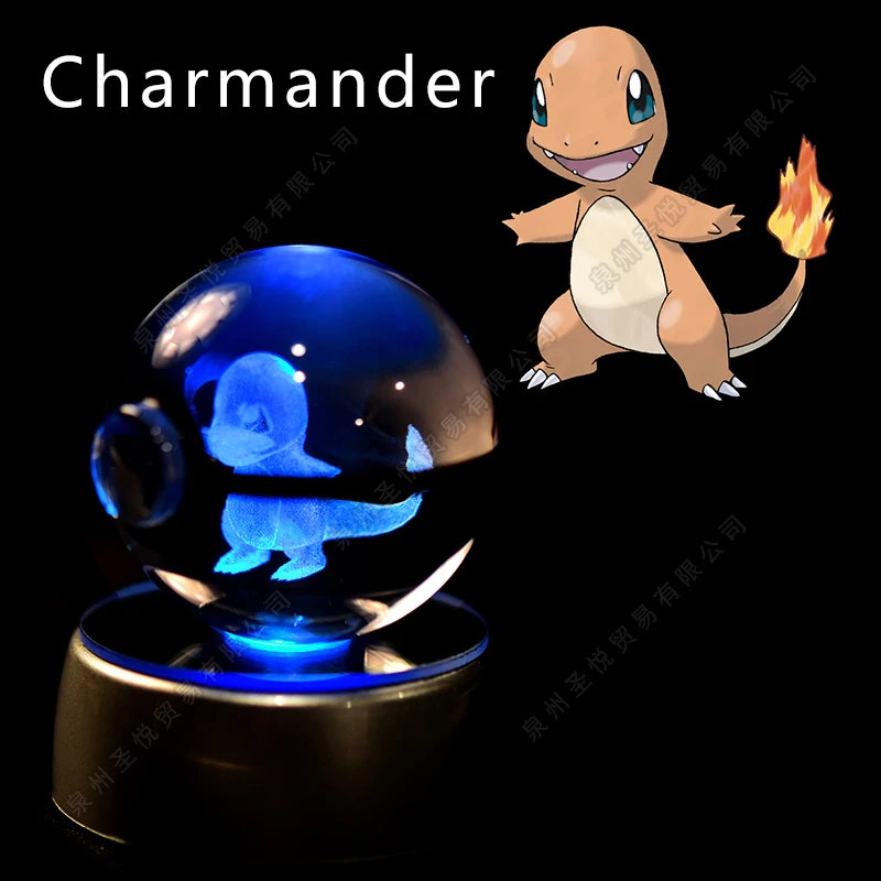 Luminária Pokebola 3D em Cristal – Bola de Vidro LED Premium com Base