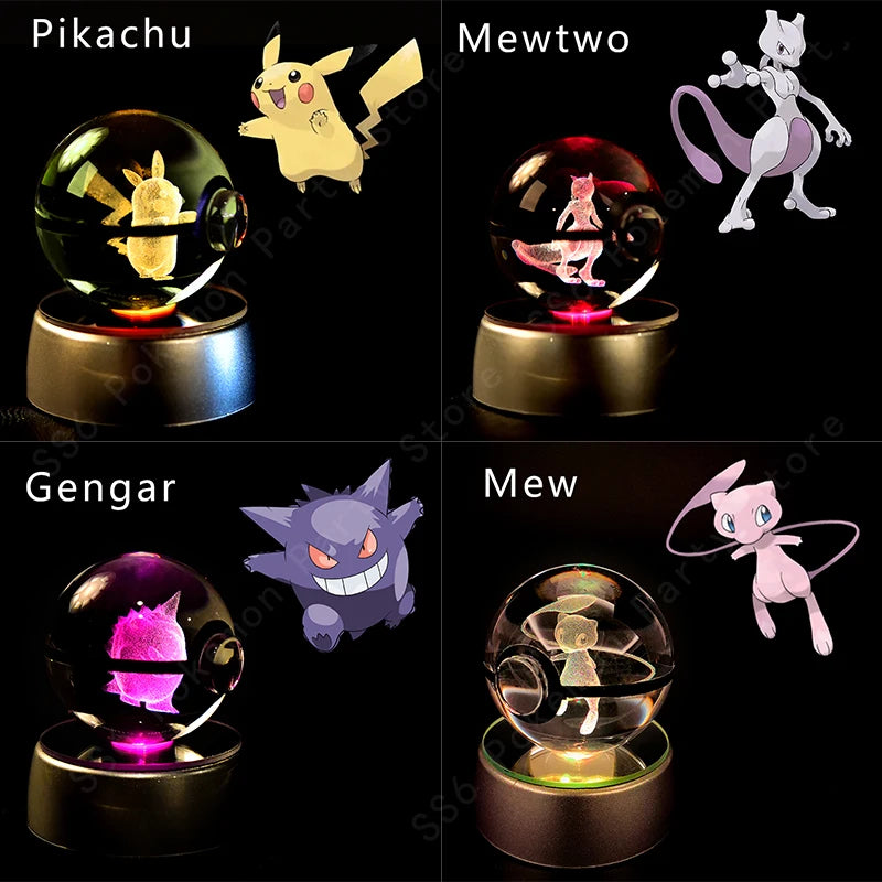 Luminária Pokebola 3D em Cristal – Bola de Vidro LED Premium com Base