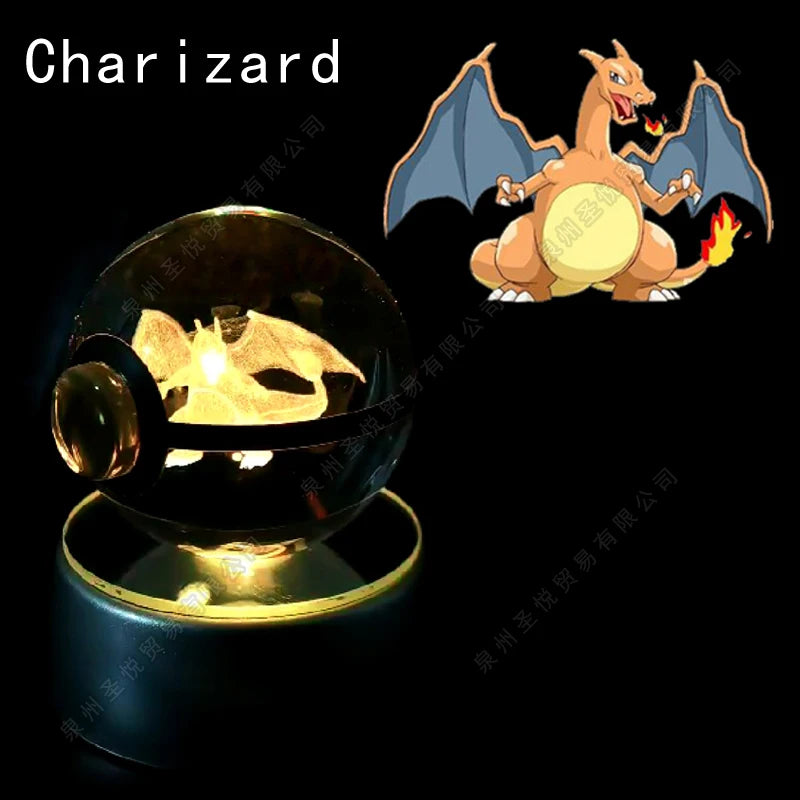 Luminária Pokebola 3D em Cristal – Bola de Vidro LED Premium com Base