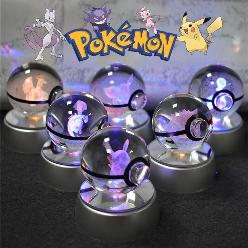Luminária Pokebola 3D em Cristal – Bola de Vidro LED Premium com Base