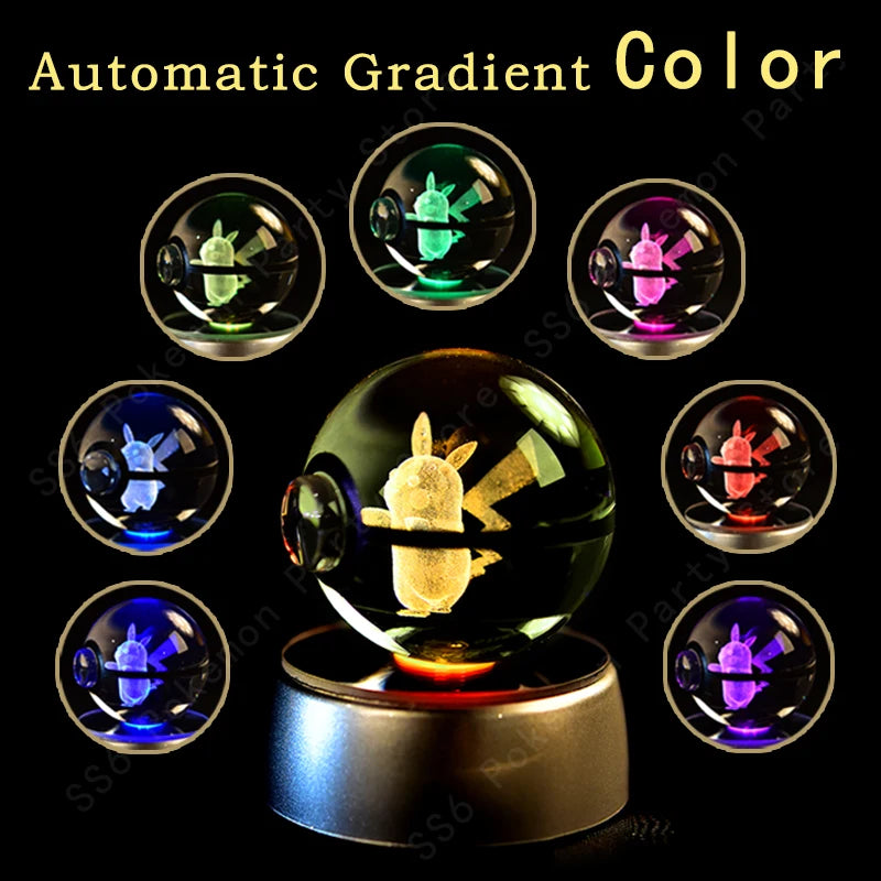 Luminária Pokebola 3D em Cristal – Bola de Vidro LED Premium com Base